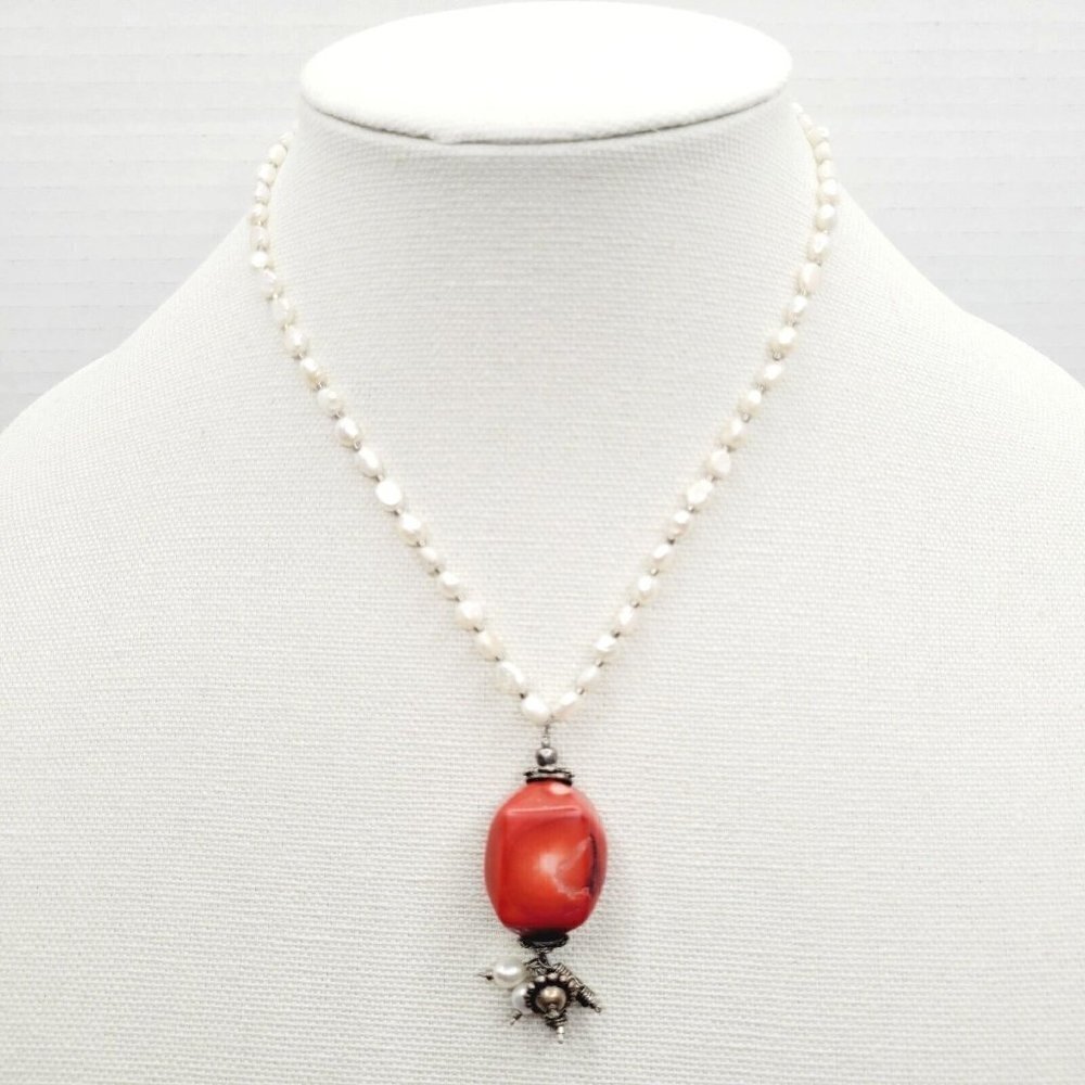 Vintage Brighton Red Coral Stone & White Freshwater Pearls Necklace 16"